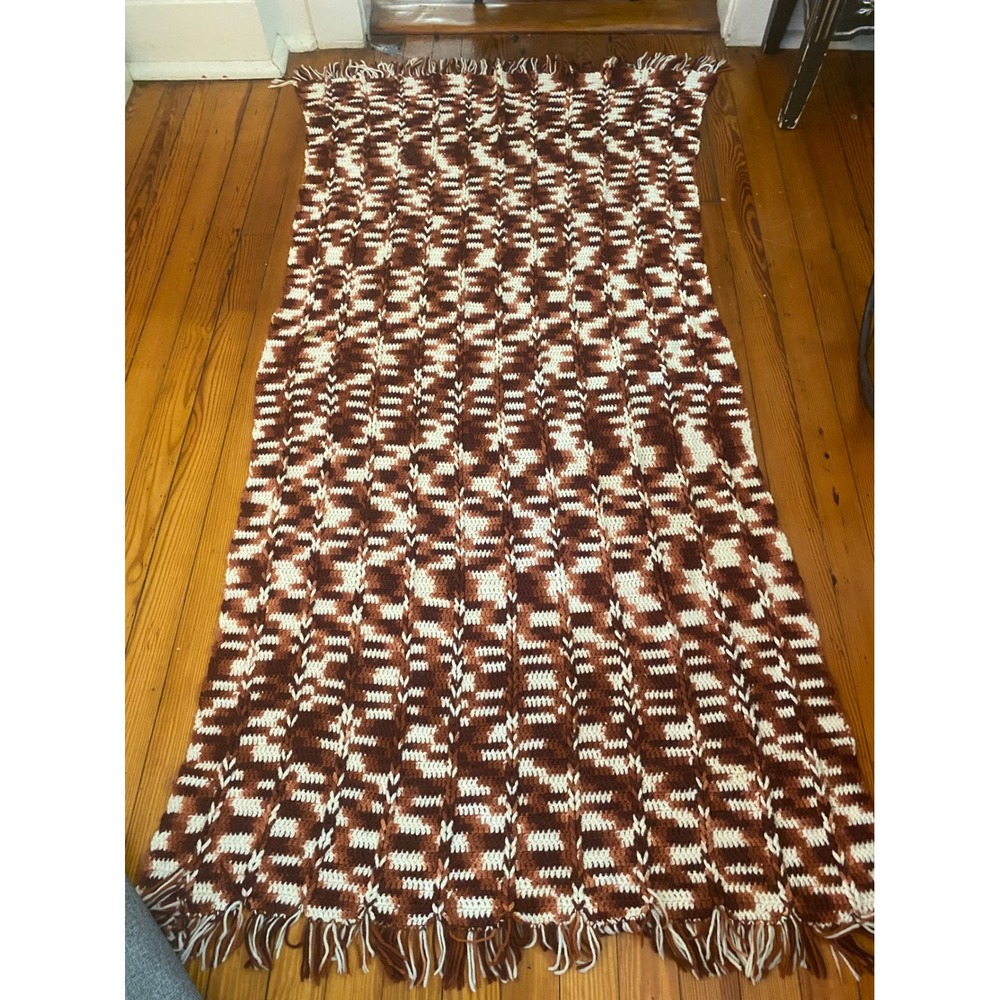 Vintage Handmade Crochet Afghan Blanket Brown Rust Cream Tassel Fringe Throw